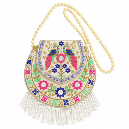 Traditional peacock embroidered fringe jute purse by Wukusy, 24x24 cm, featuring intricate peacock embroidery and decorative fringe.