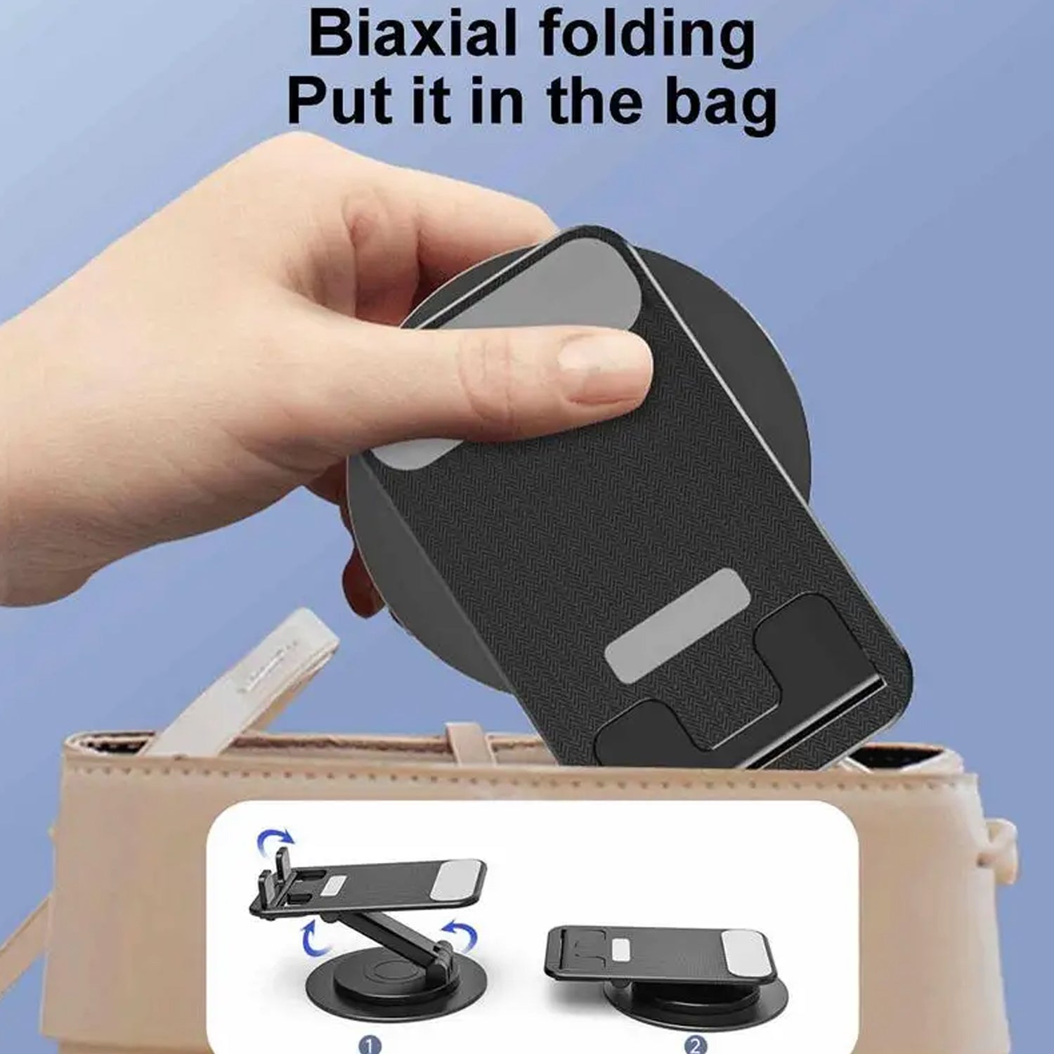Wukusy rotating foldable mobile phone holder stand with adjustable height and angle, portable for all smartphones on a desk.