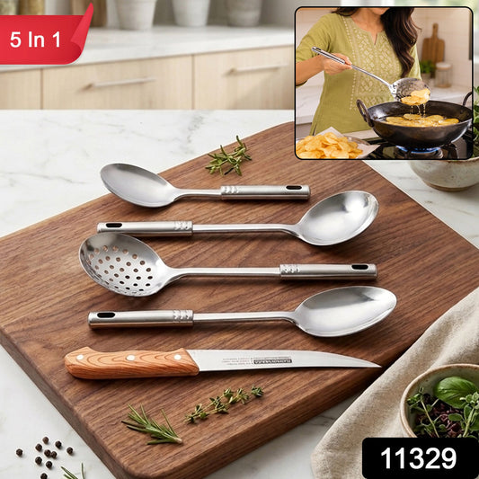 Wukusy 5-in-1 stainless steel kitchenware tool set with serving spoons and a kitchen knife, arranged on a countertop.
