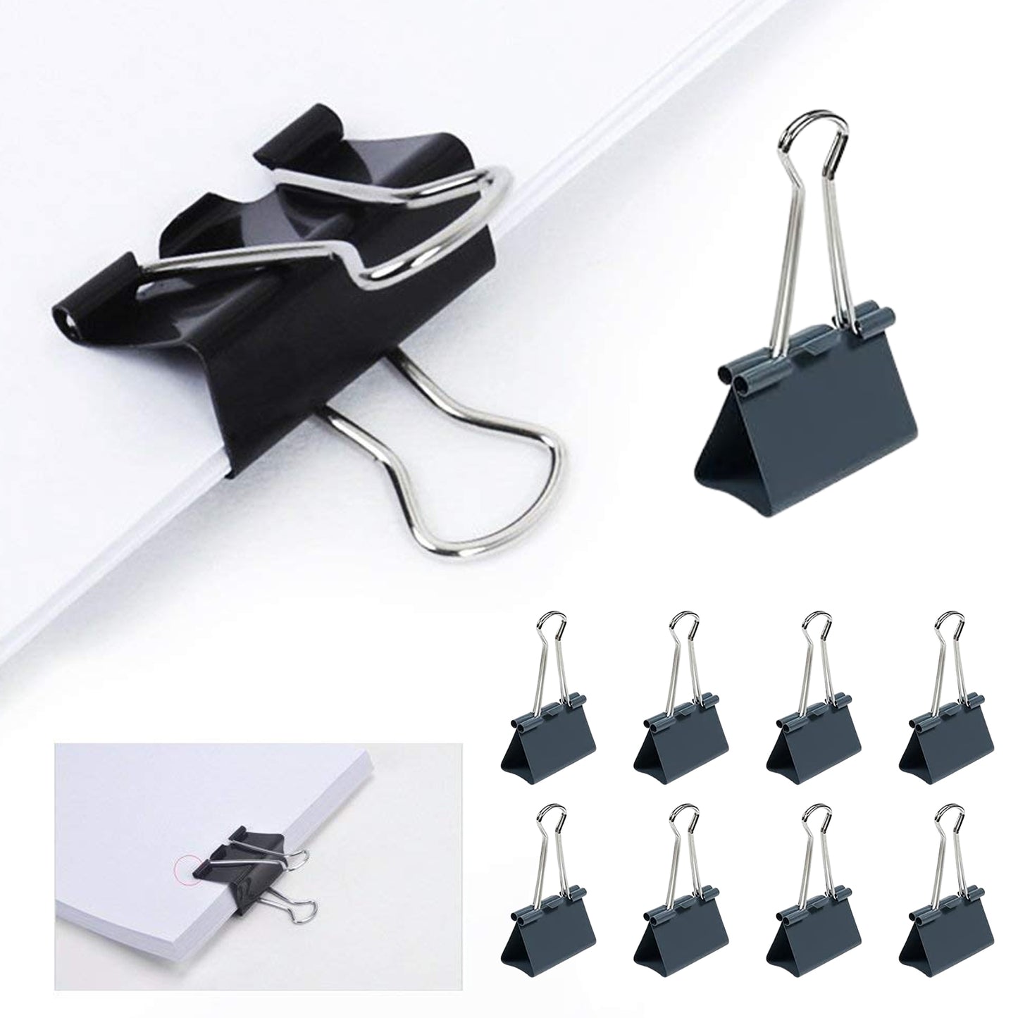 Set of 8 colorful Wukusy office paper clips and binder clips, mixed colors for organizing papers and documents.