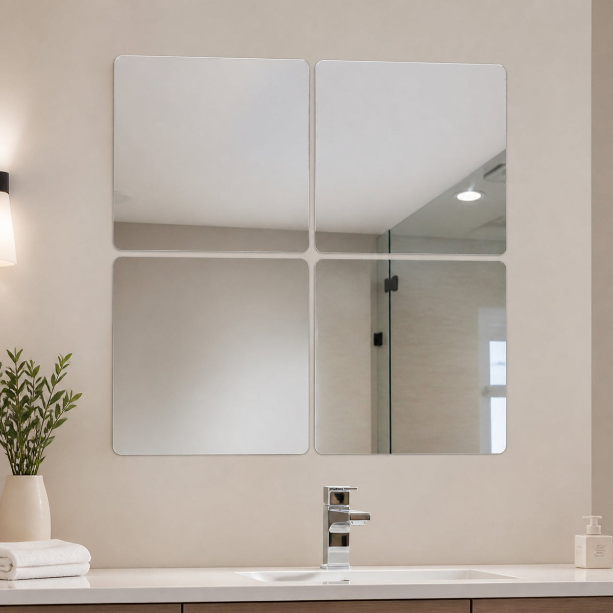 Square Mirror Wall Sticker Tiles 30x30cm Self Adhesive For Home Decor (4 Pc)