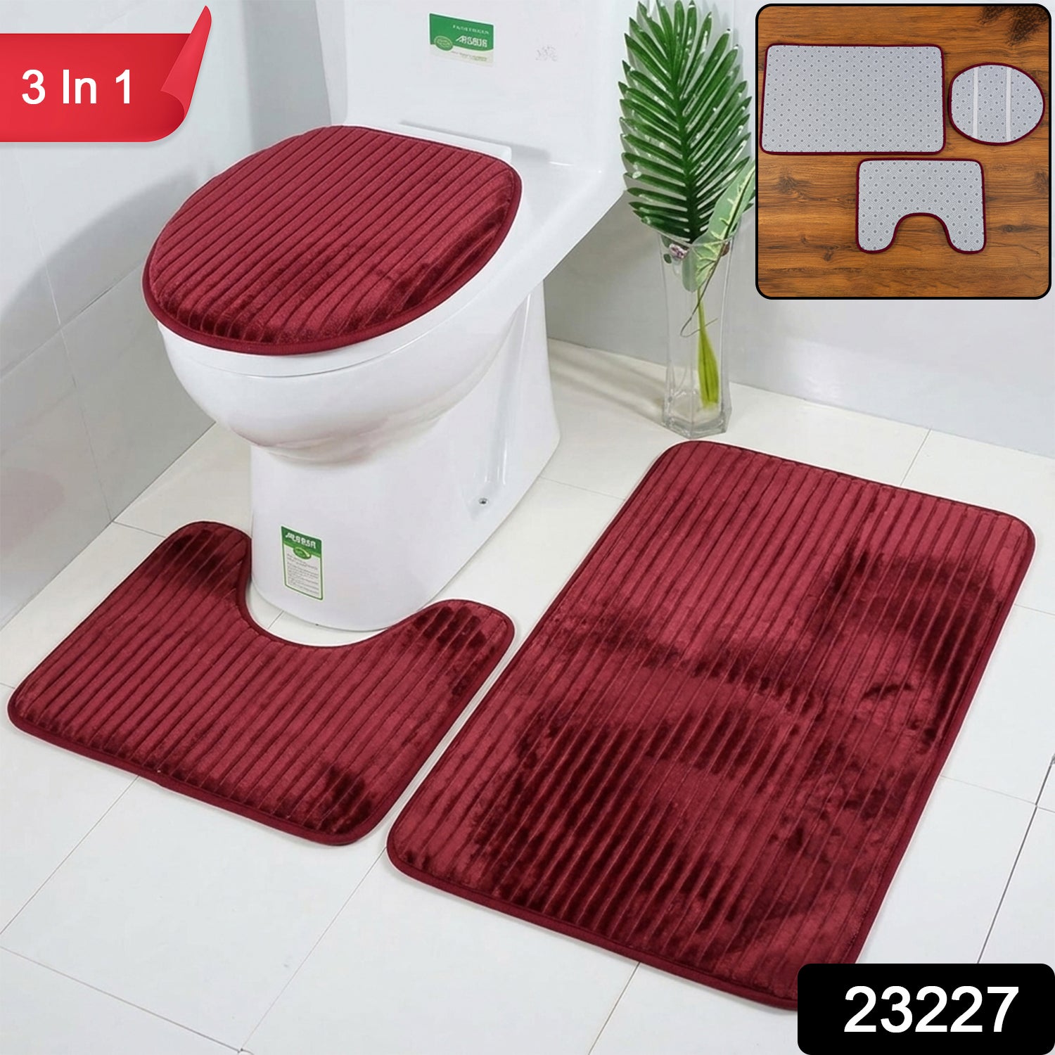 Wukusy 3-in-1 anti-slip bathroom mat set with contour mat and lid cover in mixed colors, made of soft, absorbent material.