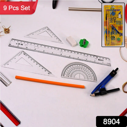 Wukusy 9-in-1 office stationery set for students featuring draft rulers, pens, and school supplies on a desk.