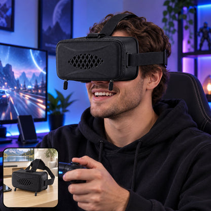Wukusy 3D virtual reality smartphone headset with focus control and belt, shown with adjustable straps and VR lenses.