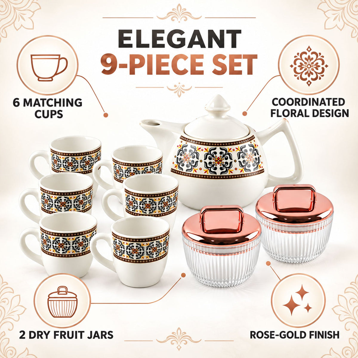 Wukusy tea gift set with kettle, 6 cups, and 2 dry fruit jars, showcasing a complete 9-piece tea serving and storage collection.