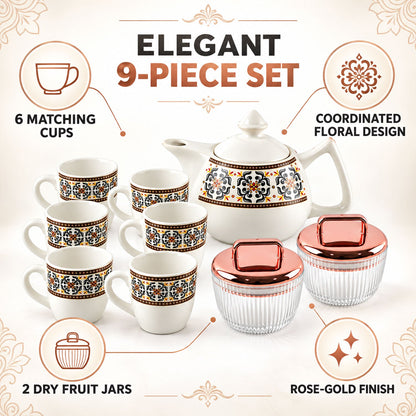Wukusy tea gift set with kettle, 6 cups, and 2 dry fruit jars, showcasing a complete 9-piece tea serving and storage collection.