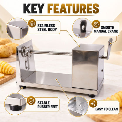 Wukusy manual steel potato spiral cutter with crank handle and skewer, single piece