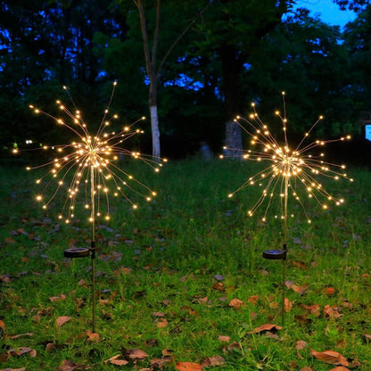 Wukusy solar-powered warm white starburst firework garden lights set with 120 LEDs, outdoor decorative lighting for gardens and patios