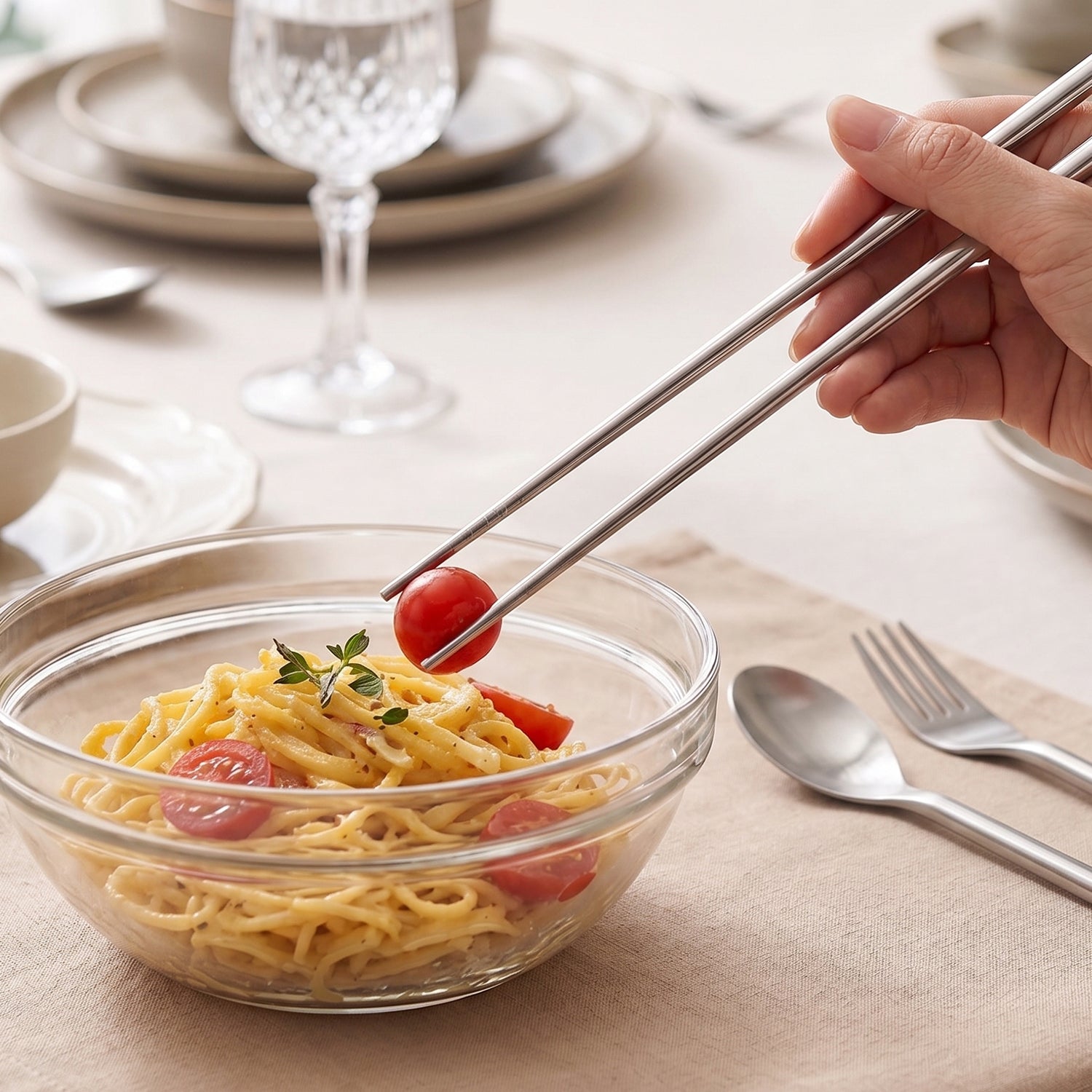 4-in-1 Portable Cutlery Set With Pouch Steel Spoon Fork And Chopsticks (1 Set)