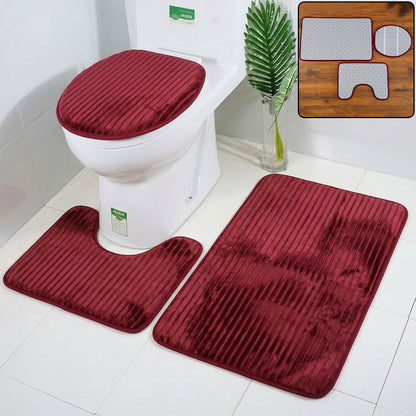 Wukusy 3-in-1 anti-slip bathroom mat set with contour mat and lid cover in mixed colors, featuring textured surface and soft fabric.