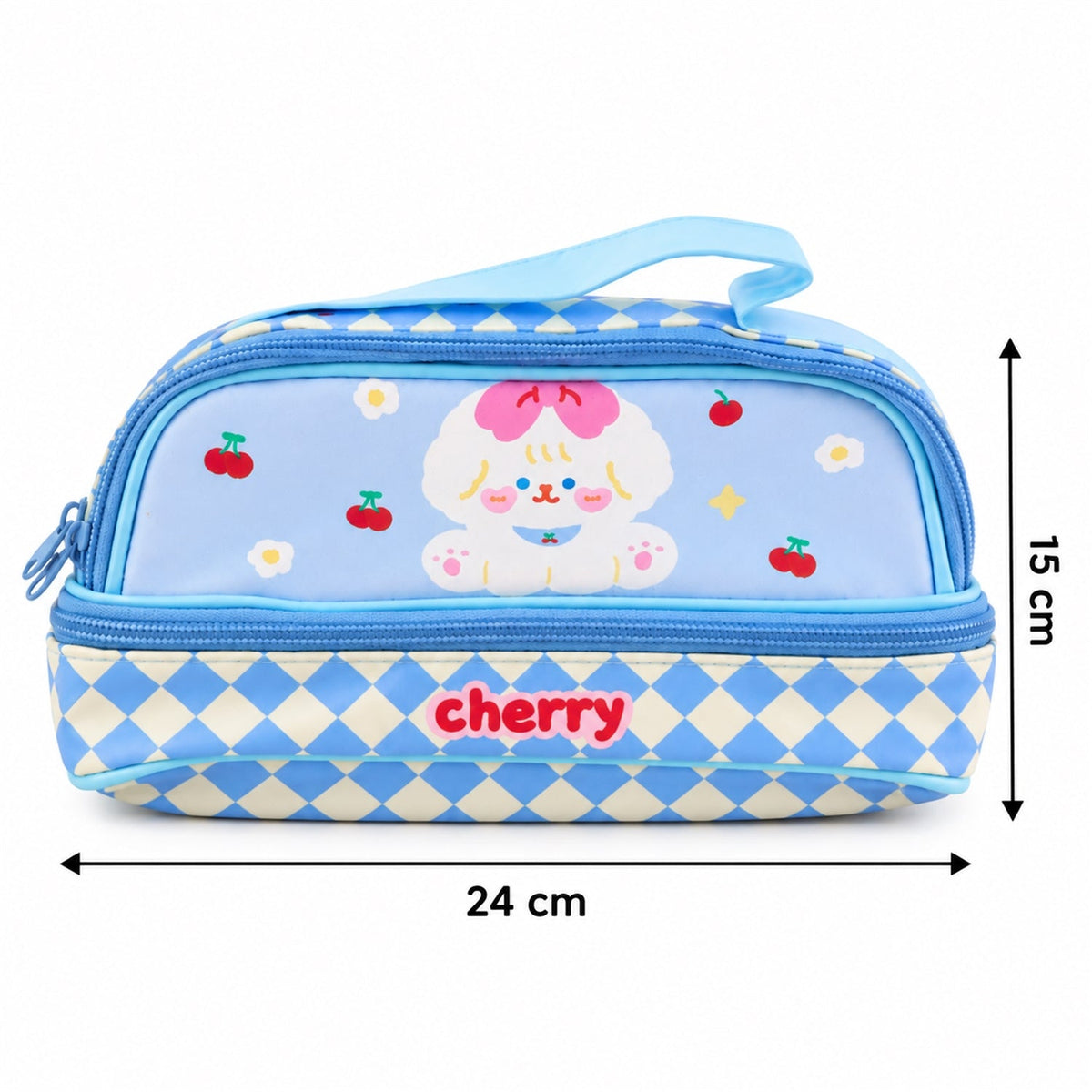 Wukusy printed zipper pouch with top handle for makeup and stationery, 24x15 cm, showing colorful design on fabric.