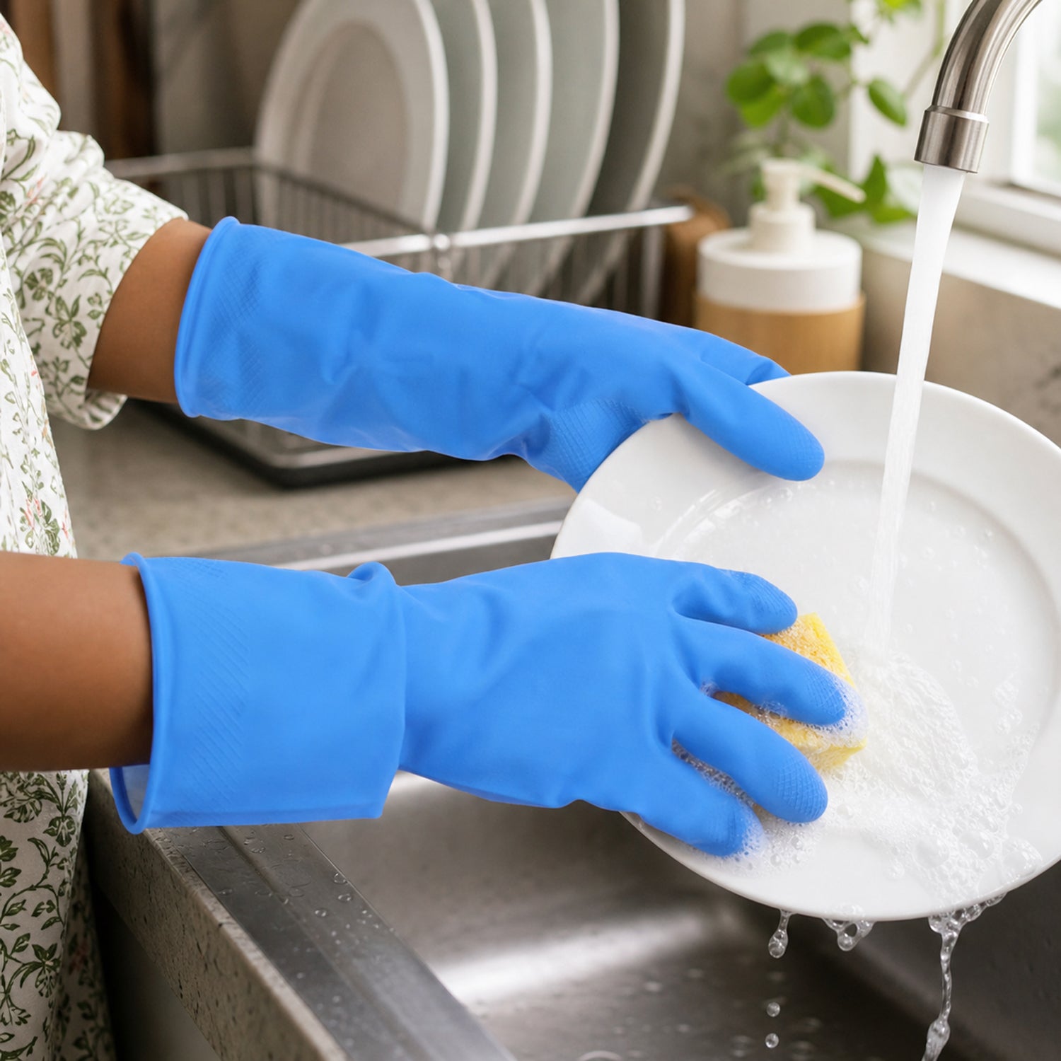 Pair of Wukusy medium Victor Blue cleaning rubber gloves for reusable kitchen dishwashing, shown in the image.