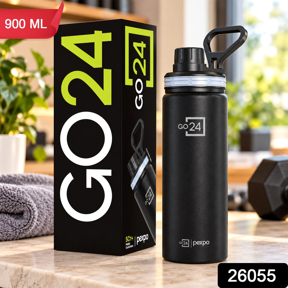 Wukusy stainless steel water bottle with carry handle, 900 ml capacity, ideal for gym and travel, silver finish