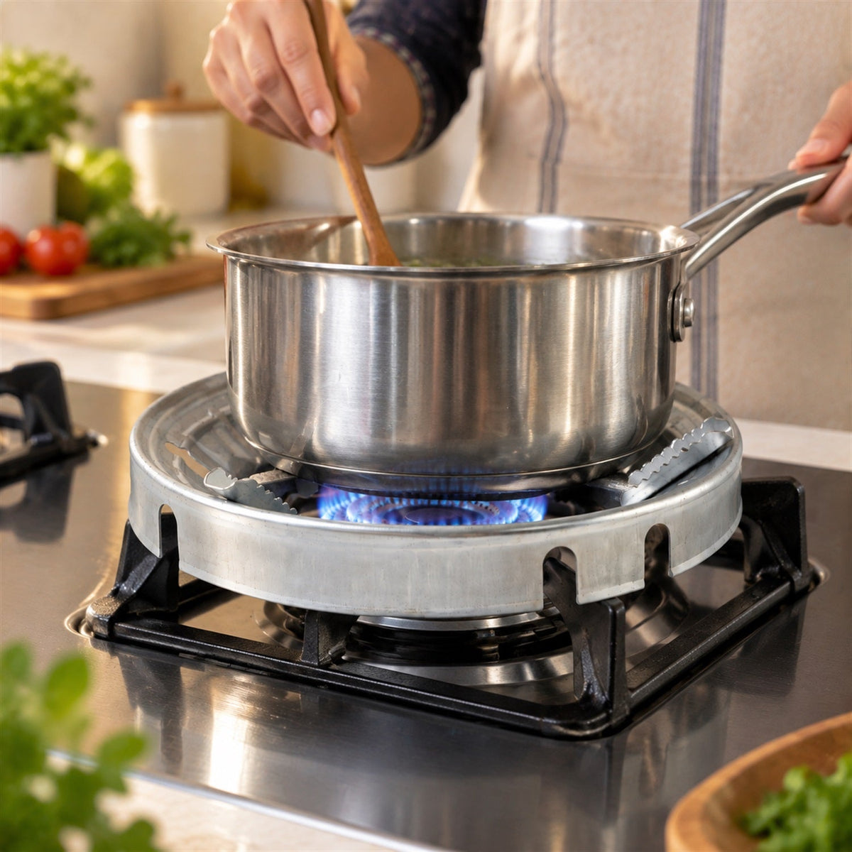 Wukusy gas stove burner stand with windproof energy-saving ring and pan support for stable cooking.