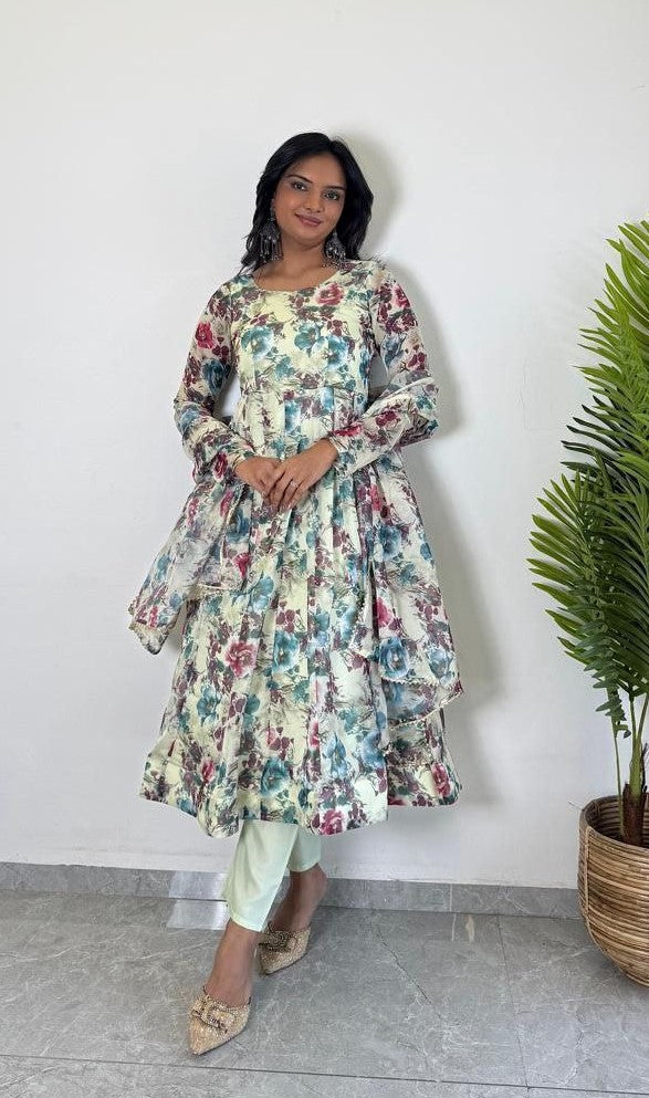organza flore printed anarkali kurti 3 p
