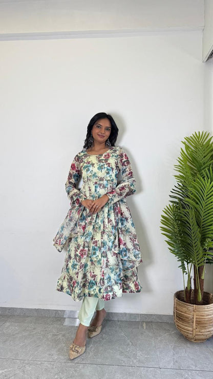 organza flore printed anarkali kurti 3 p