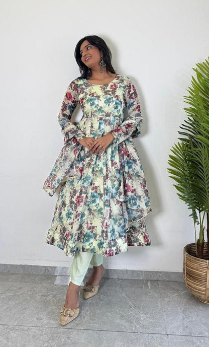 organza flore printed anarkali kurti 3 p