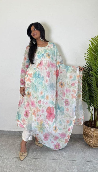 organza flore printed anarkali kurti 3 pis sat
