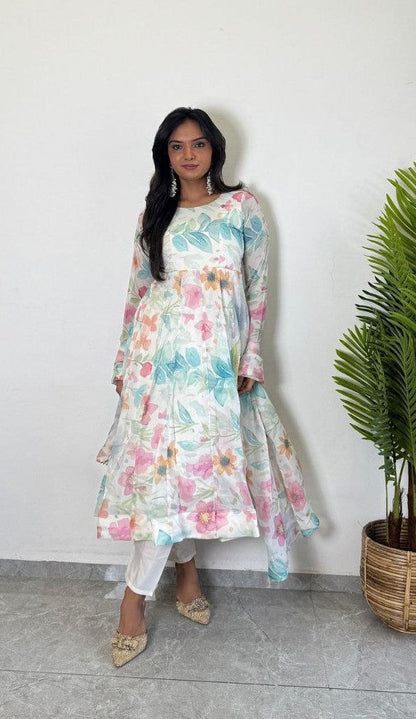 organza flore printed anarkali kurti 3 pis sat
