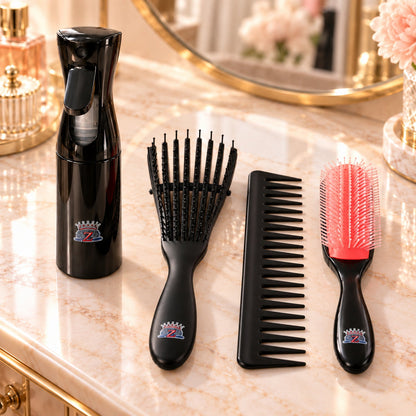 Wukusy 4-in-1 hair grooming set with spray bottle, brushes, and wide tooth comb for styling and detangling hair.