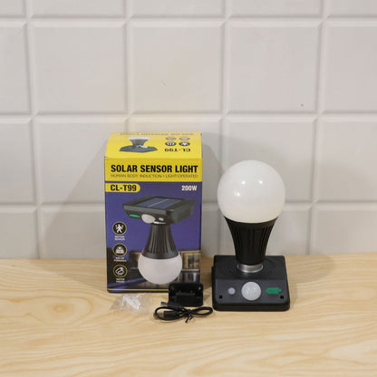 Wukusy solar motion sensor wall light with frosted bulb illuminating porch and garden area, 200W outdoor security lighting.