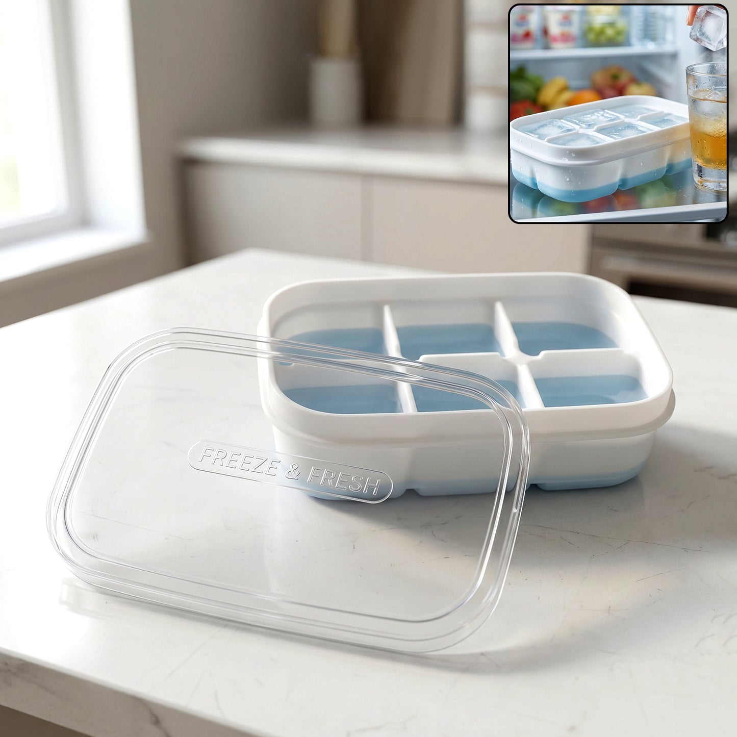 Mini plastic ice tray with six cavities for making compact ice cubes, ideal for freezing fresh ice in a Wukusy brand product.