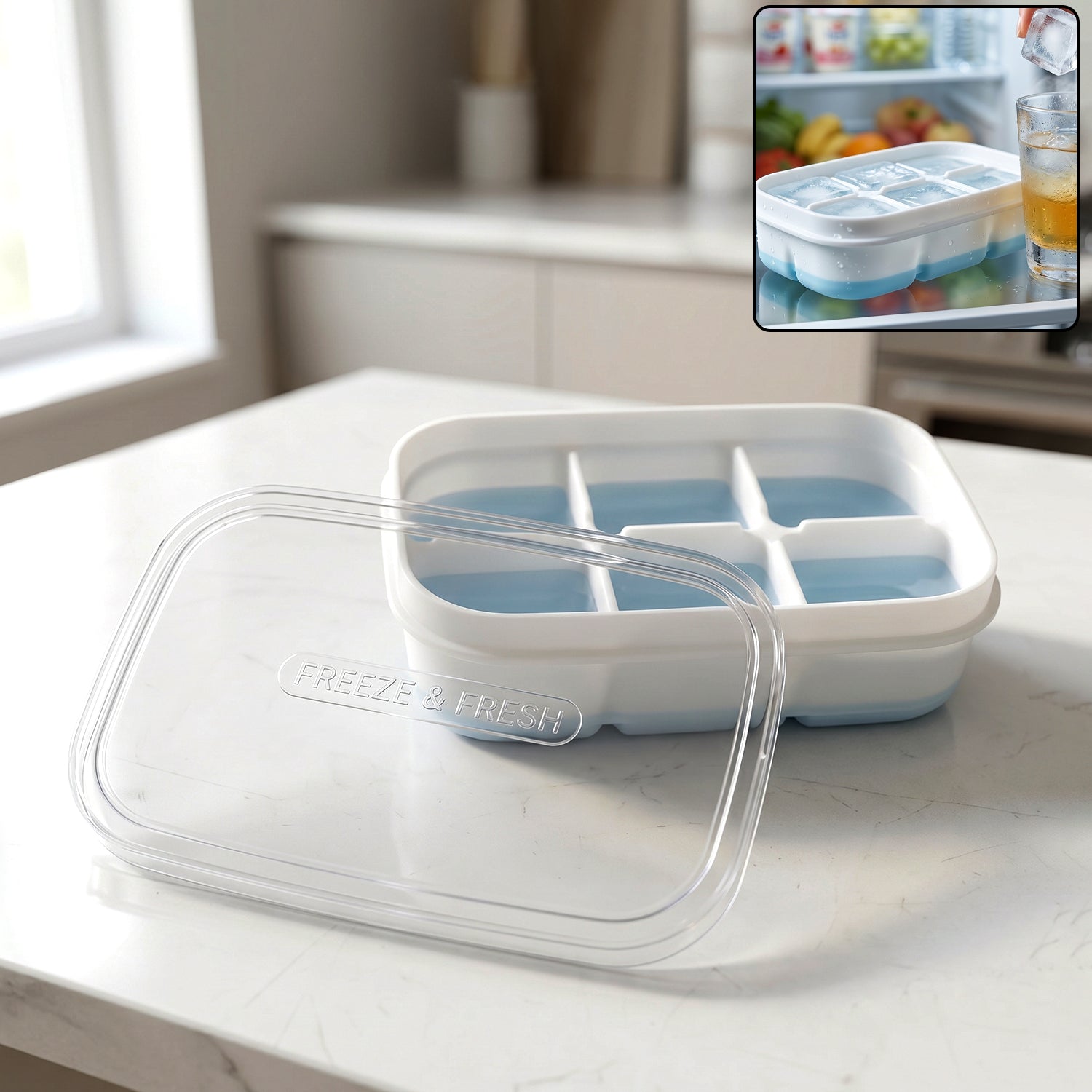 Mini plastic ice tray with six cavities for making compact ice cubes, ideal for freezing fresh ice in a Wukusy brand product.