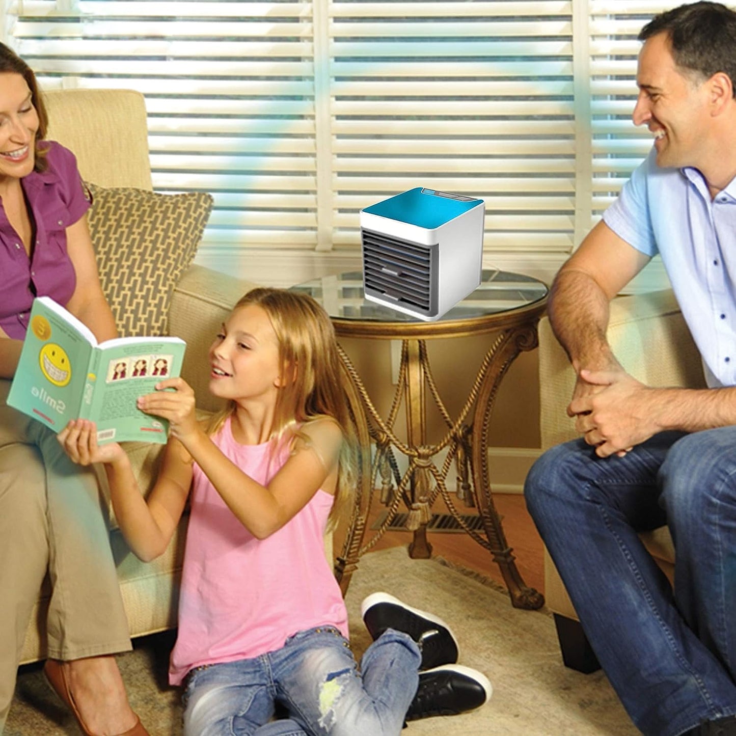 Wukusy 1464 mini portable air cooler with LED light, compact personal space cooler, easy water fill, ideal for home or office.