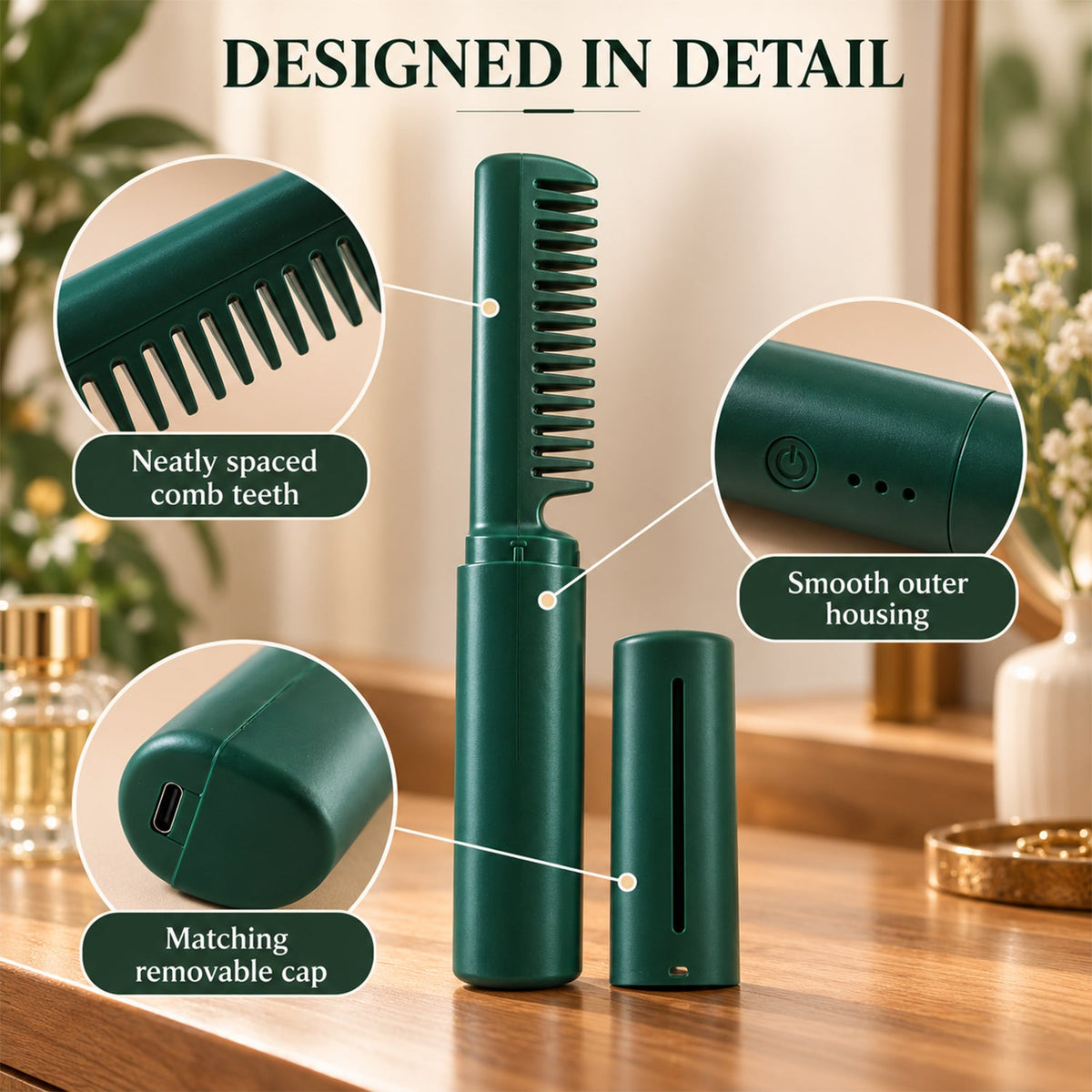 Wukusy cordless hair straightener brush with cap for portable hair styling, showing the sleek black device in a close-up view