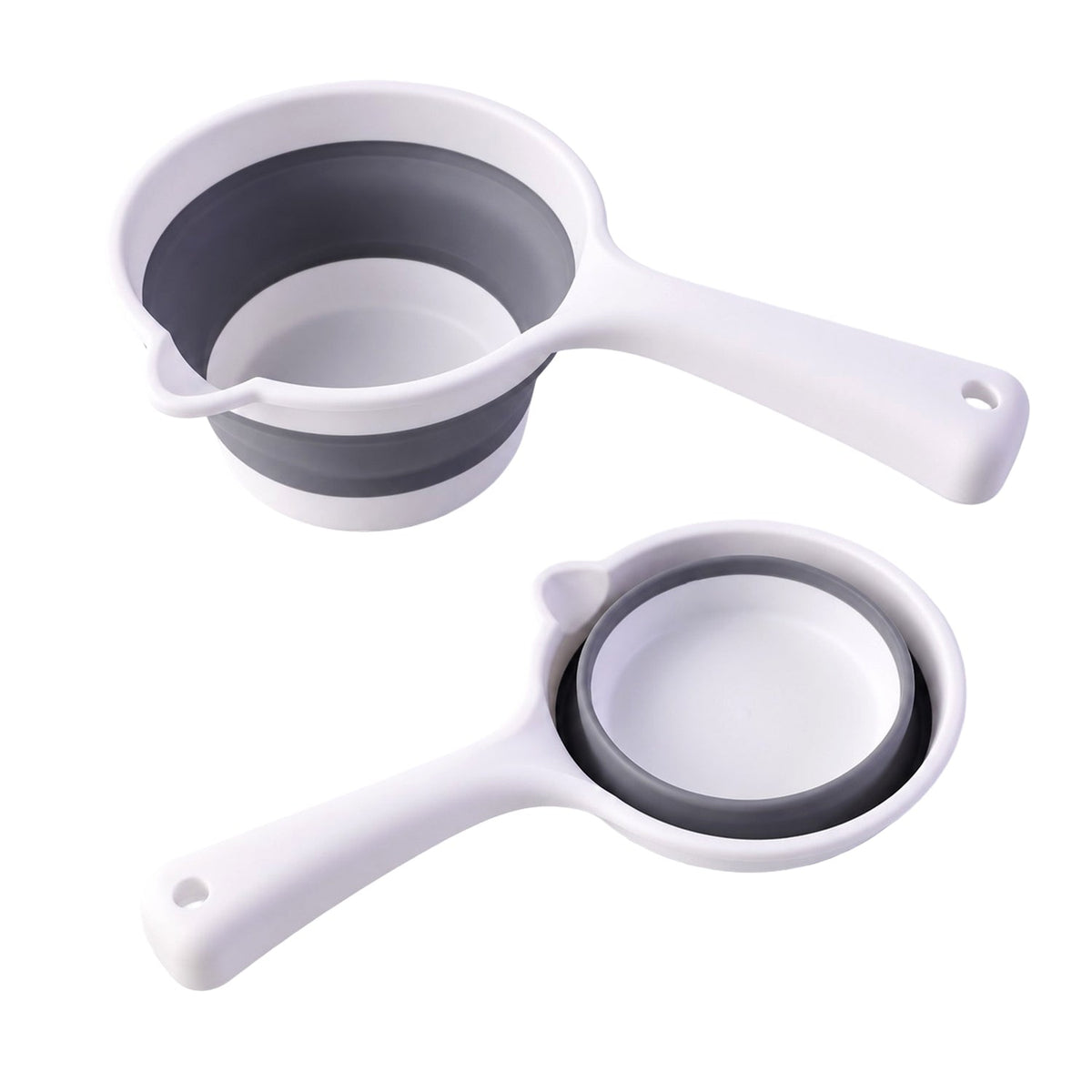 Wukusy collapsible water scoop with long handle and pouring spout, 16.5x27 cm, shown in a folded and extended position.
