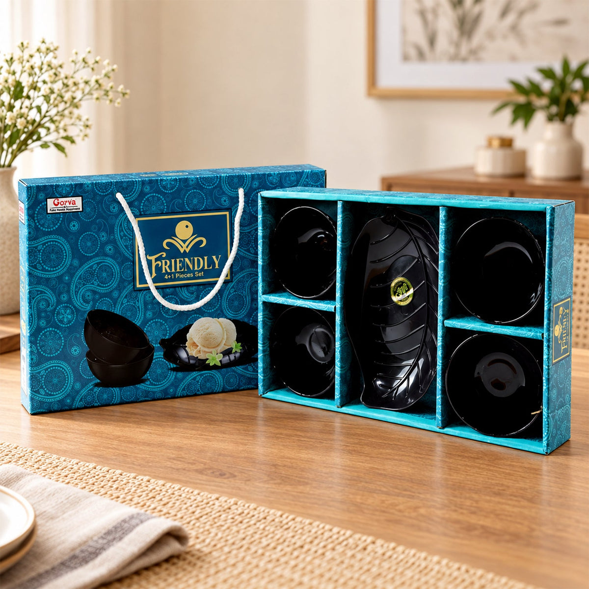 Wukusy 5-piece serving bowl set with leaf-shaped platter for snacks and dry fruits, featuring elegant ceramic designs