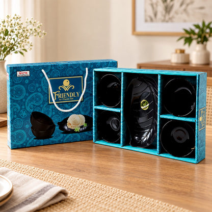 Wukusy 5-piece serving bowl set with leaf-shaped platter for snacks and dry fruits, featuring elegant ceramic designs