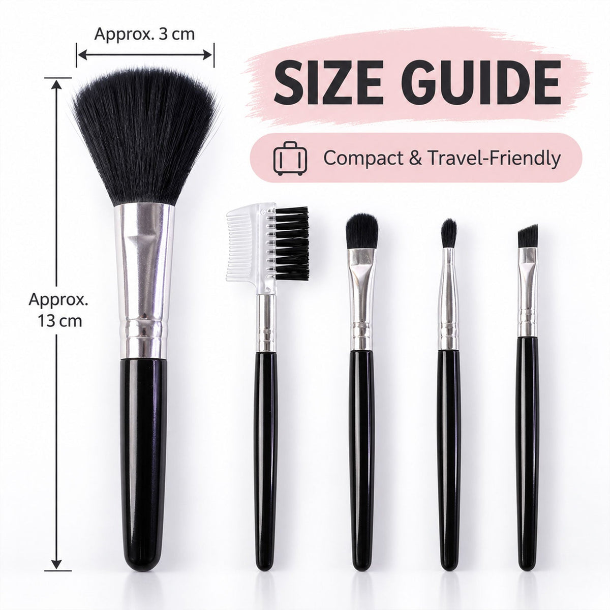 Wukusy mini makeup brush set with five compact brushes for face, eyes, eyebrows, and lips, displayed on a white background.