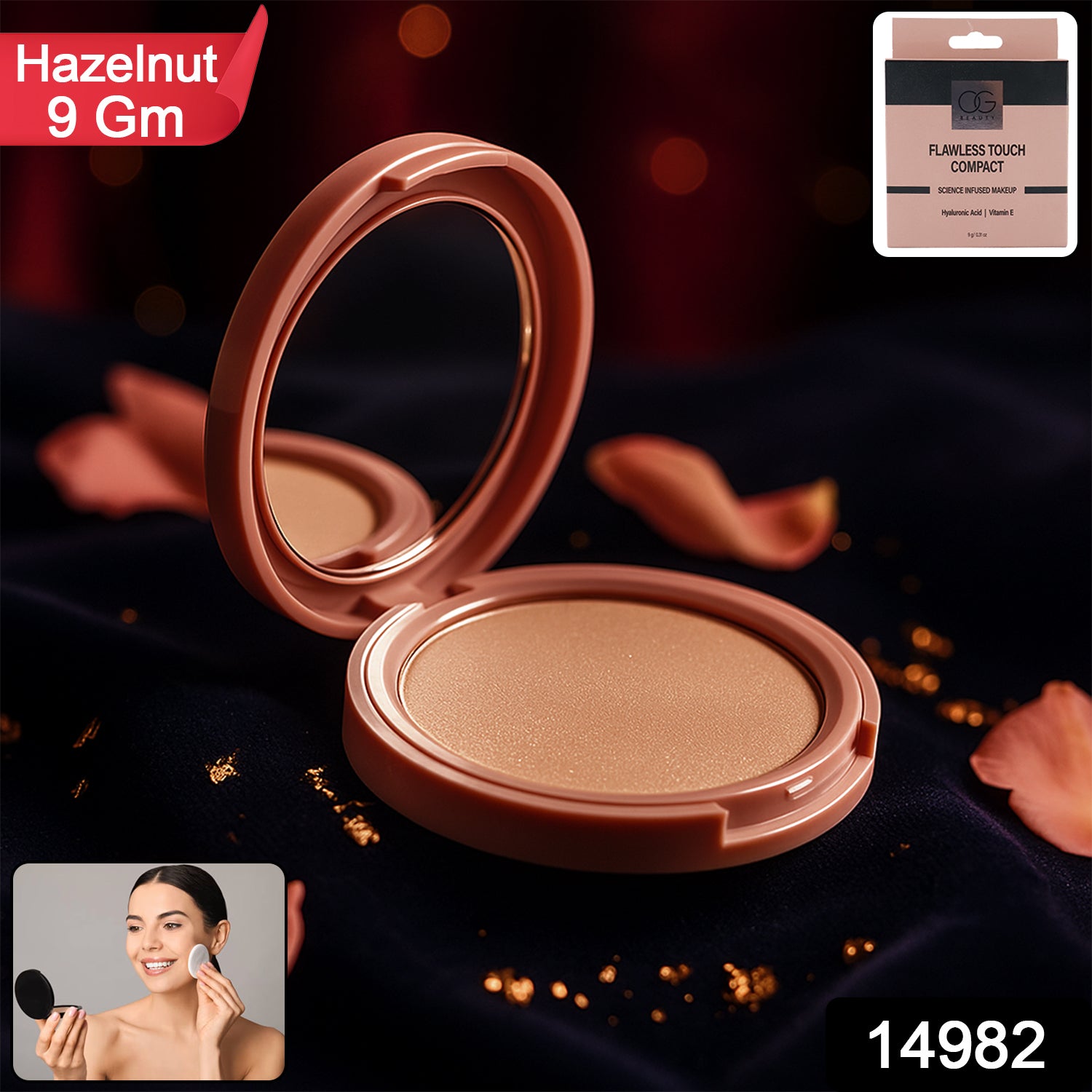 Wukusy Og Beauty Hazelnut Flawless Touch Compact Powder in 9g, featuring a sleek compact case for a smooth, natural finish.