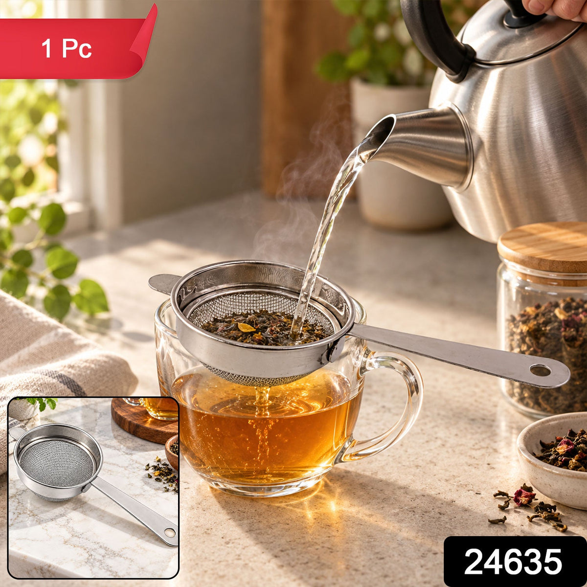 Wukusy Apex stainless steel tea strainer No 3 with long handle and fine mesh for filtering tea leaves.