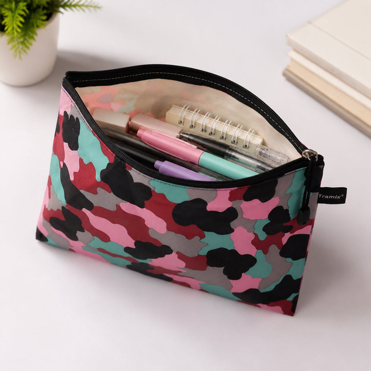 Wukusy printed zipper storage pouch with multiple compartments for makeup, stationery, and travel organization.