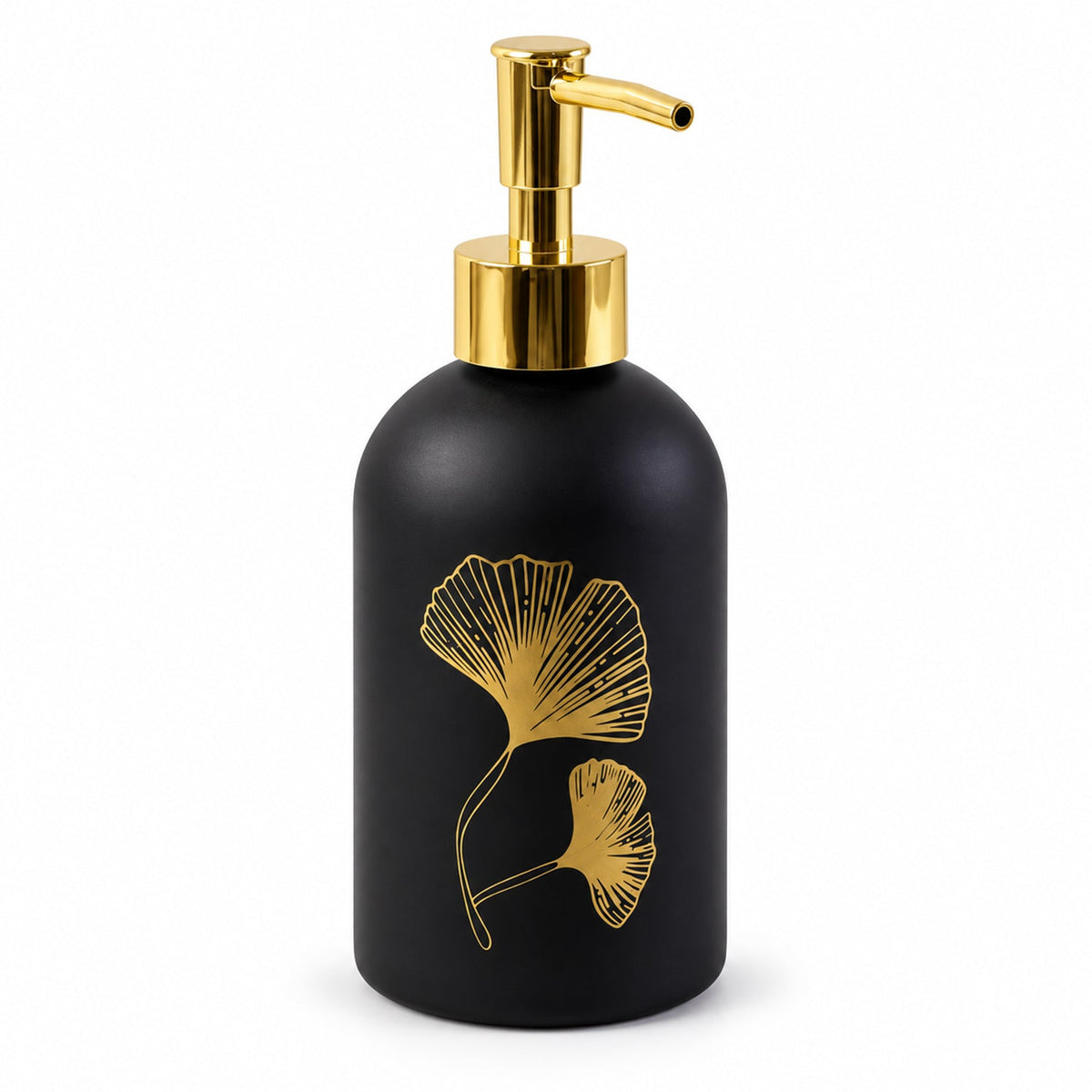 Wukusy manual liquid soap dispenser with leaf design and refillable pump bottle, showcasing the decorative leaf details and pump mechanism.