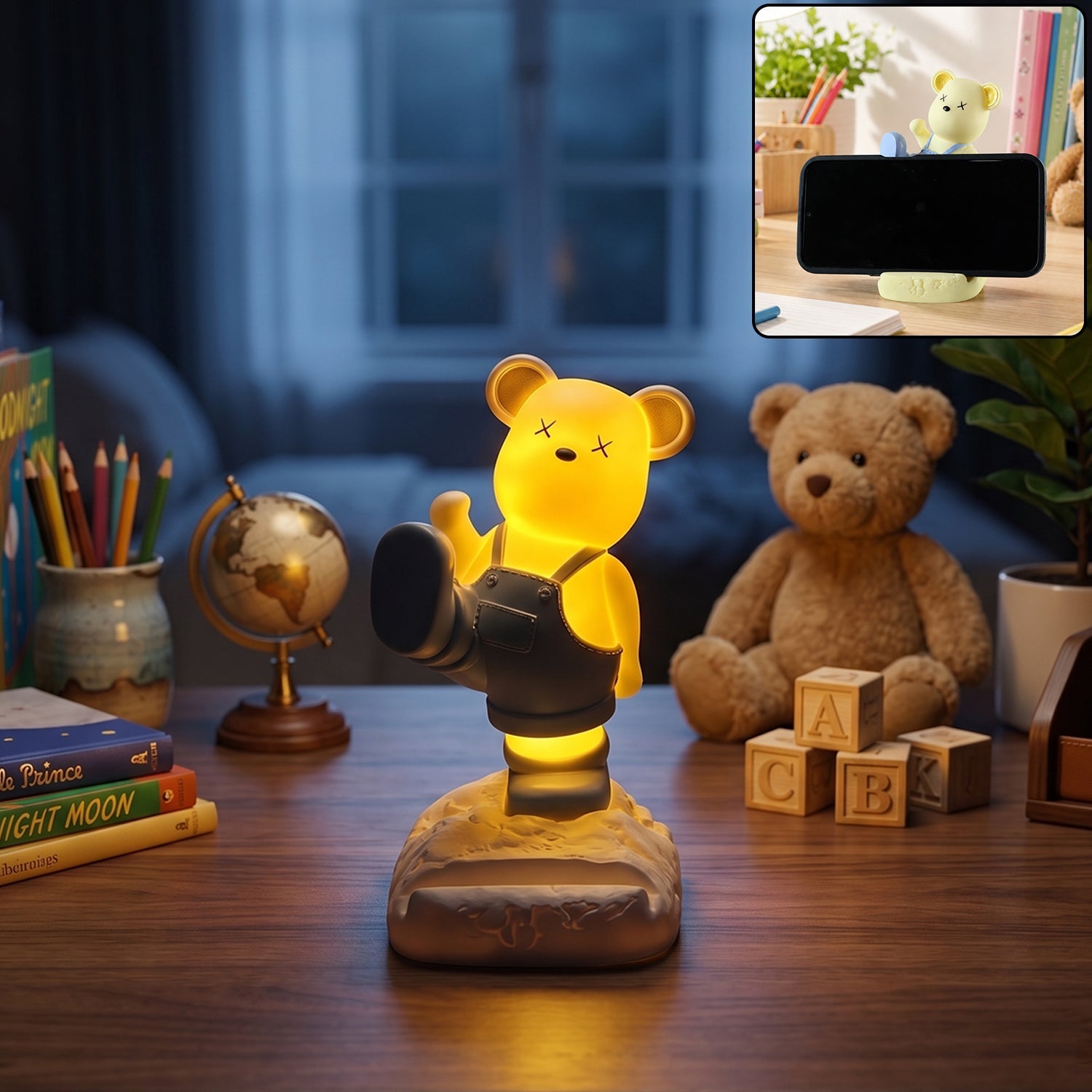 Wukusy magnetic bear LED light phone stand night lamp on desk or kids room surface, with soft glowing illumination.