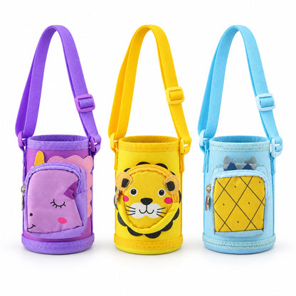 Kids Water Bottle Carrier Sling Pouch Bag With Strap Cute Animal Design (1 Pc)