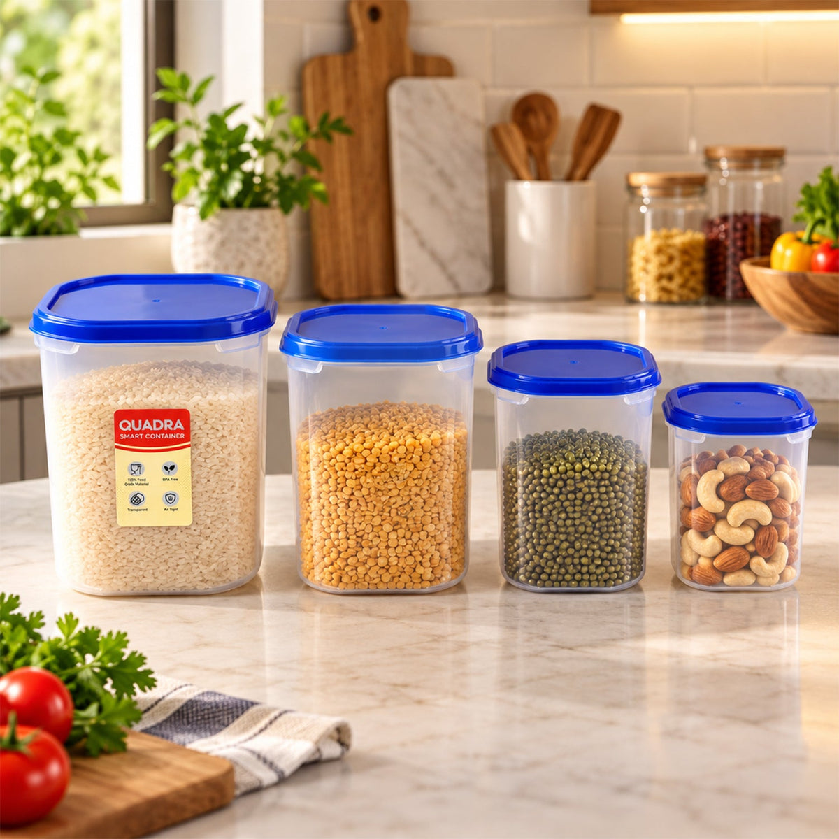 Set of four Wukusy plastic food storage containers with lids for kitchen organization, featuring clear plastic bodies and matching covers.