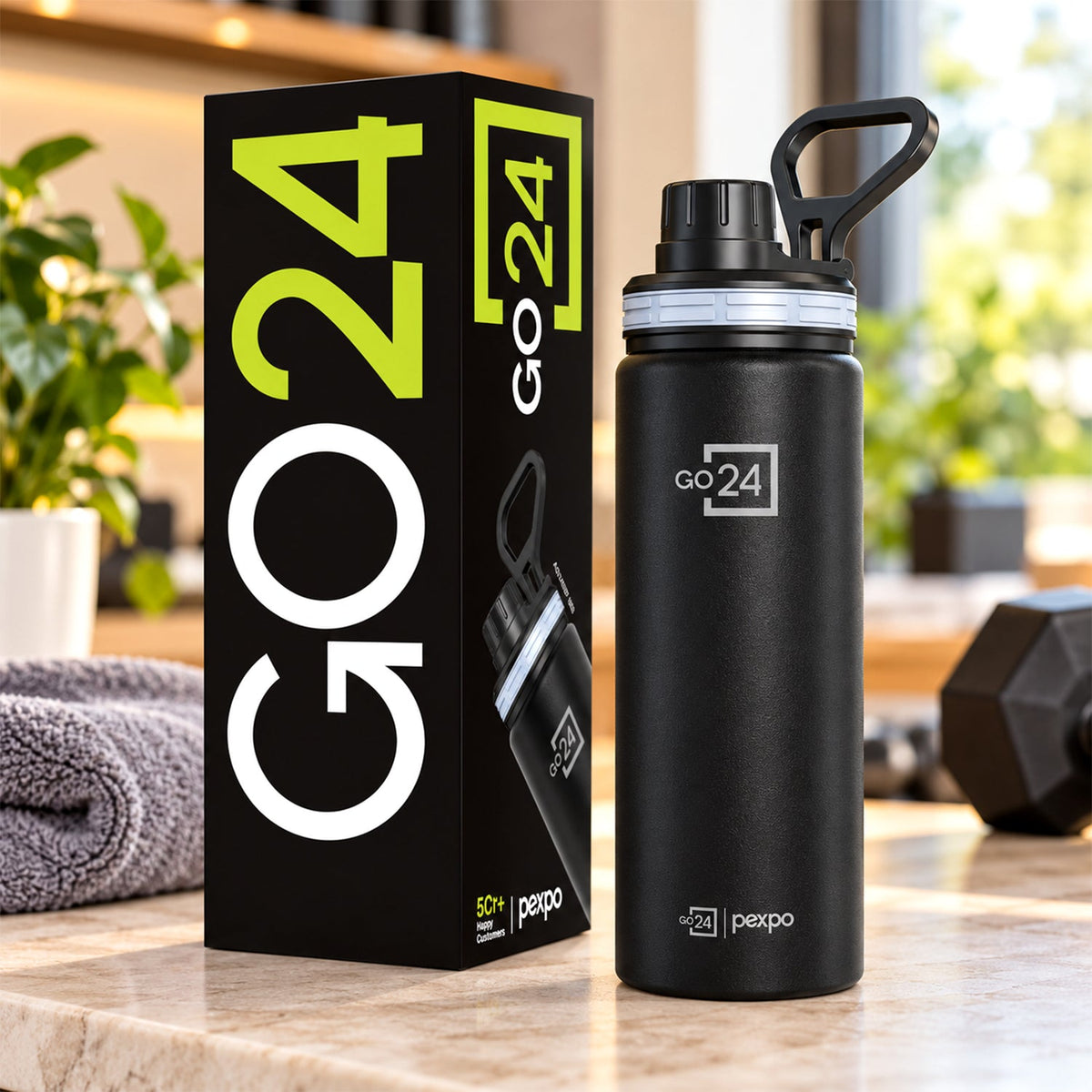 Wukusy stainless steel water bottle with carry handle, 900ml capacity, suitable for gym and travel.
