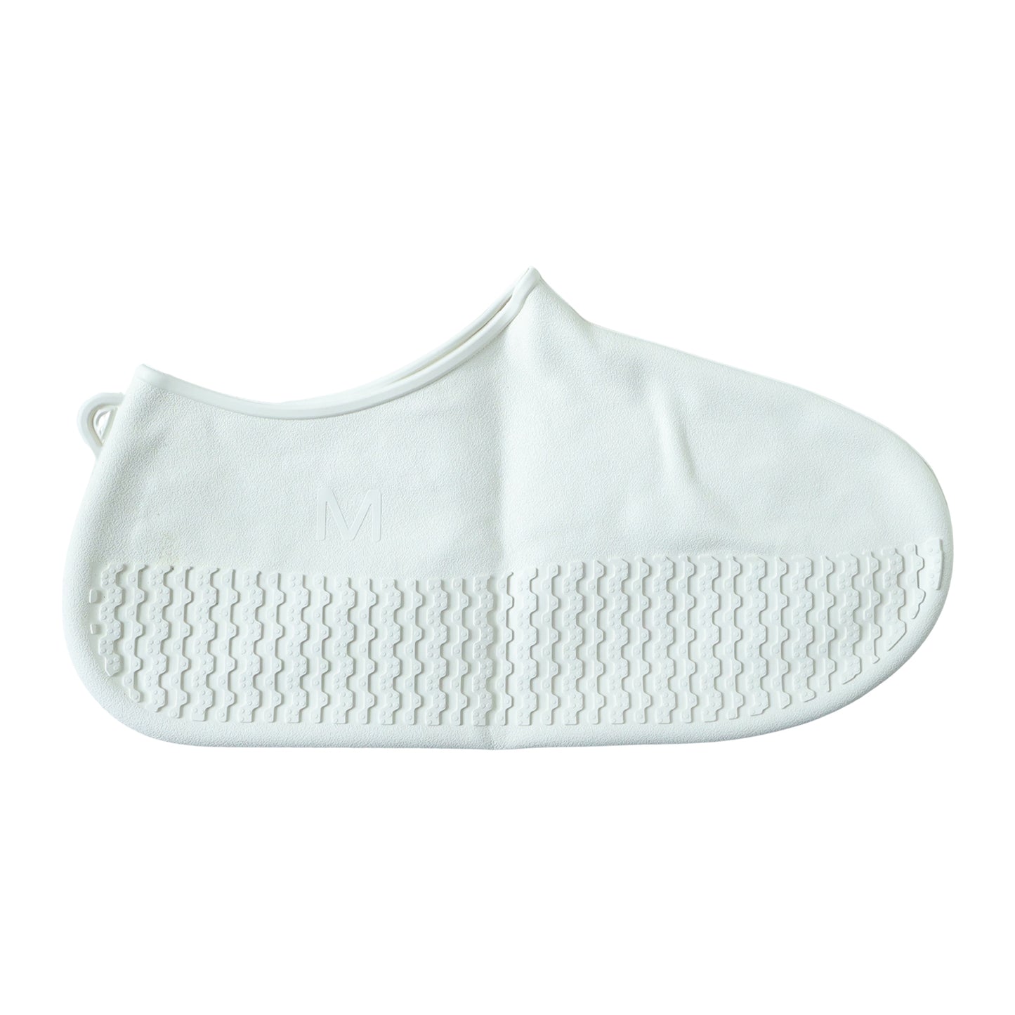 Pair of white waterproof silicone shoe covers in medium size by Wukusy, designed to protect shoes from water and dirt.