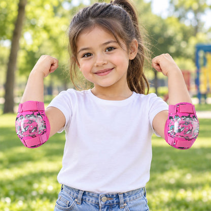 Pair of Wukusy adjustable kids elbow protection pads for cycling, skating, and scooter play, showing padded, colorful safety gear.
