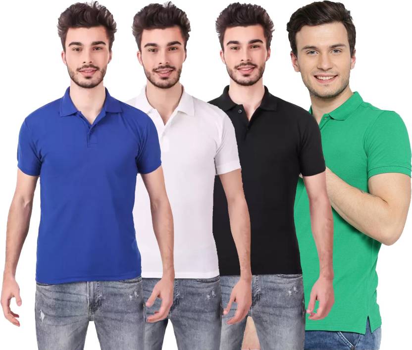 Pack of 4 men's solid polo neck cotton blend multicolor T-shirts from Drpshippr's men's collection.