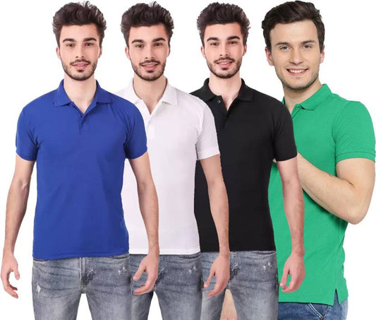 Pack of 4 men's solid polo neck cotton blend multicolor T-shirts from Drpshippr's men's collection.