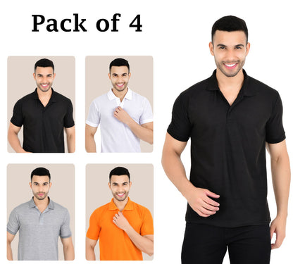 Pack of 4 men's solid polo neck multicolor T-shirts from Drpshippr, featuring classic polo style and vibrant colors.
