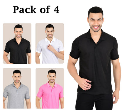 Pack of 4 men's solid polo neck T-shirts in multicolor from Drpshippr, showcasing different vibrant color options.