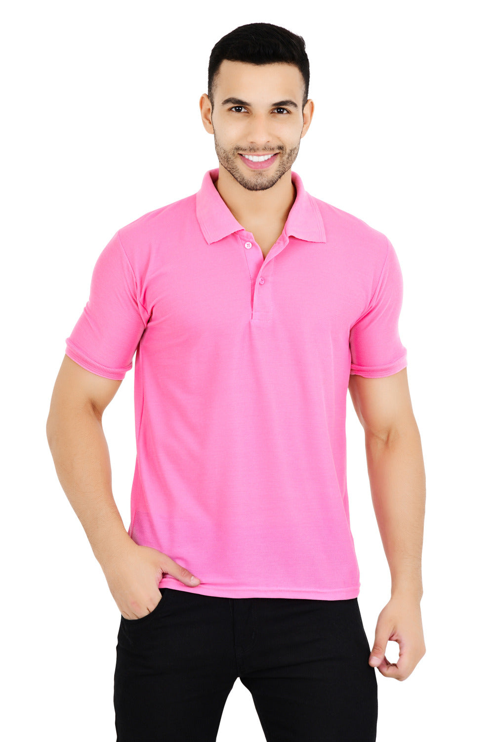 Pack of 4 men's solid polo neck multicolor T-shirts from Drpshippr, casual men's collection, featuring vibrant, comfortable designs.