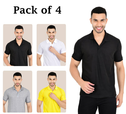 Pack of 4 men's solid polo neck T-shirts in multicolor from Drpshippr Men's Collection, featuring classic styles and comfortable fit.