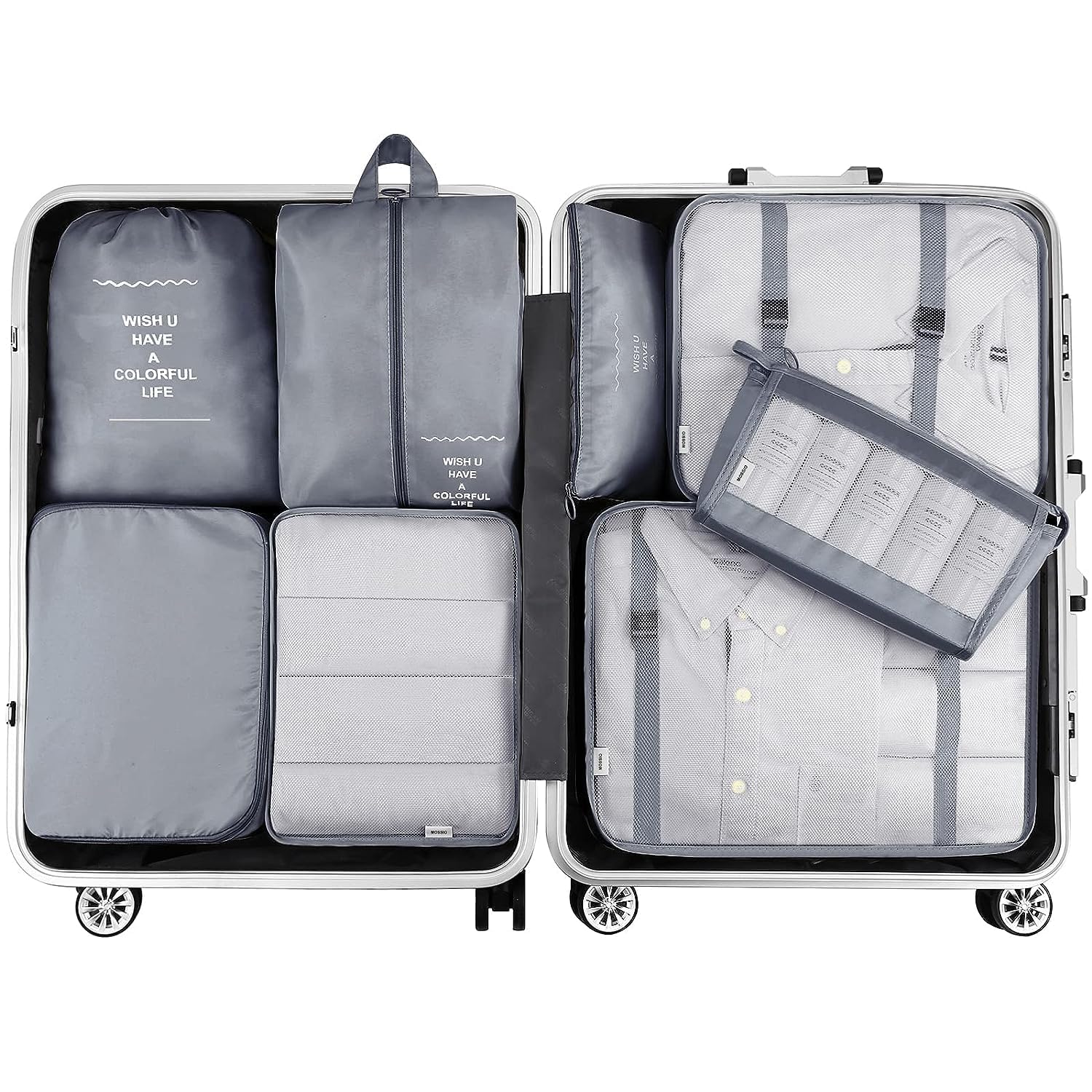 Drpshippr packing cubes set with shoe bag for travel, organizing clothes and accessories in luggage or suitcase.